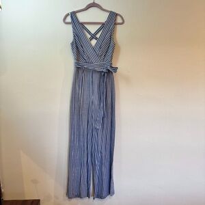 Dee Elly Blue/White Striped Jumpsuit with Self Belt